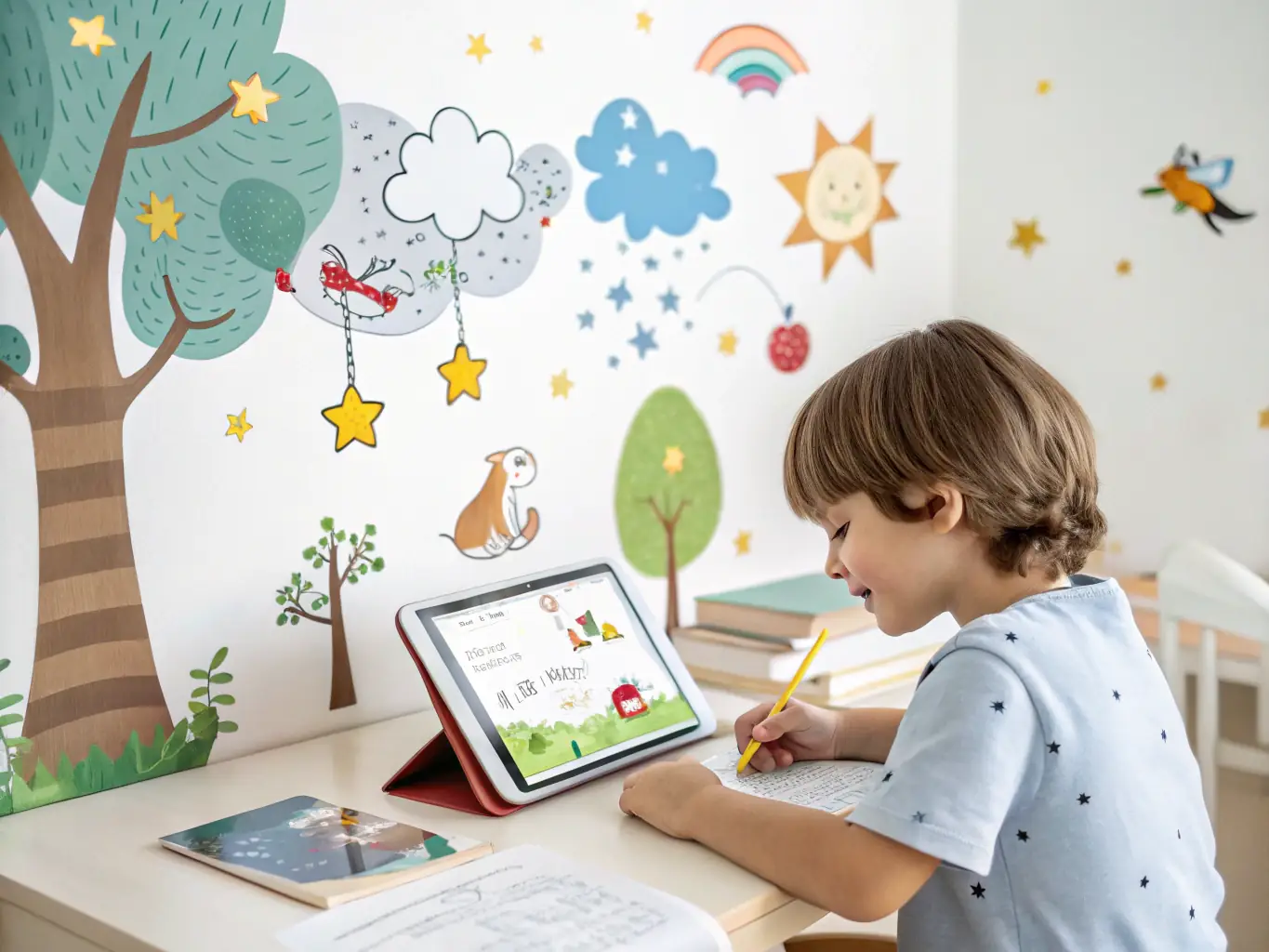 A screenshot of the Kidware software displaying a creative writing activity, where a child is composing a story with the help of visual prompts and a user-friendly writing interface.