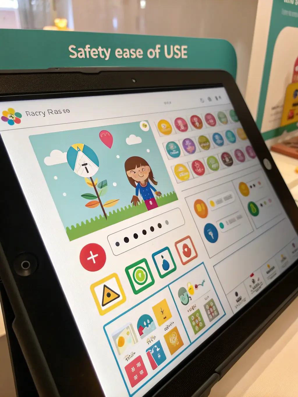A screenshot of the Kidware software interface, emphasizing its safe and child-friendly design with easy-to-navigate menus and age-appropriate content.