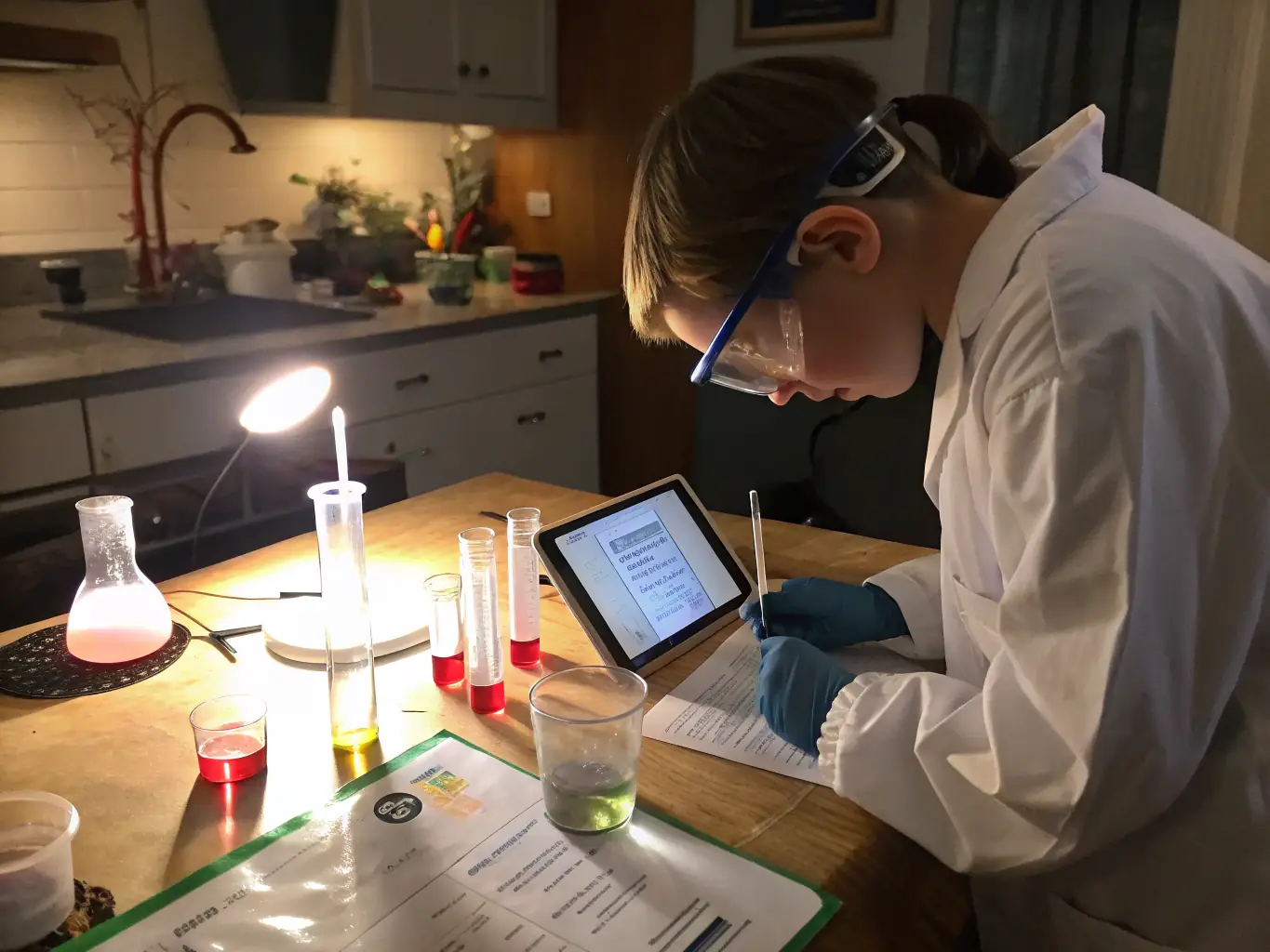 A screenshot of the Kidware software showing a science experiment simulation, where a child is virtually mixing chemicals and observing the results in a safe and controlled environment.